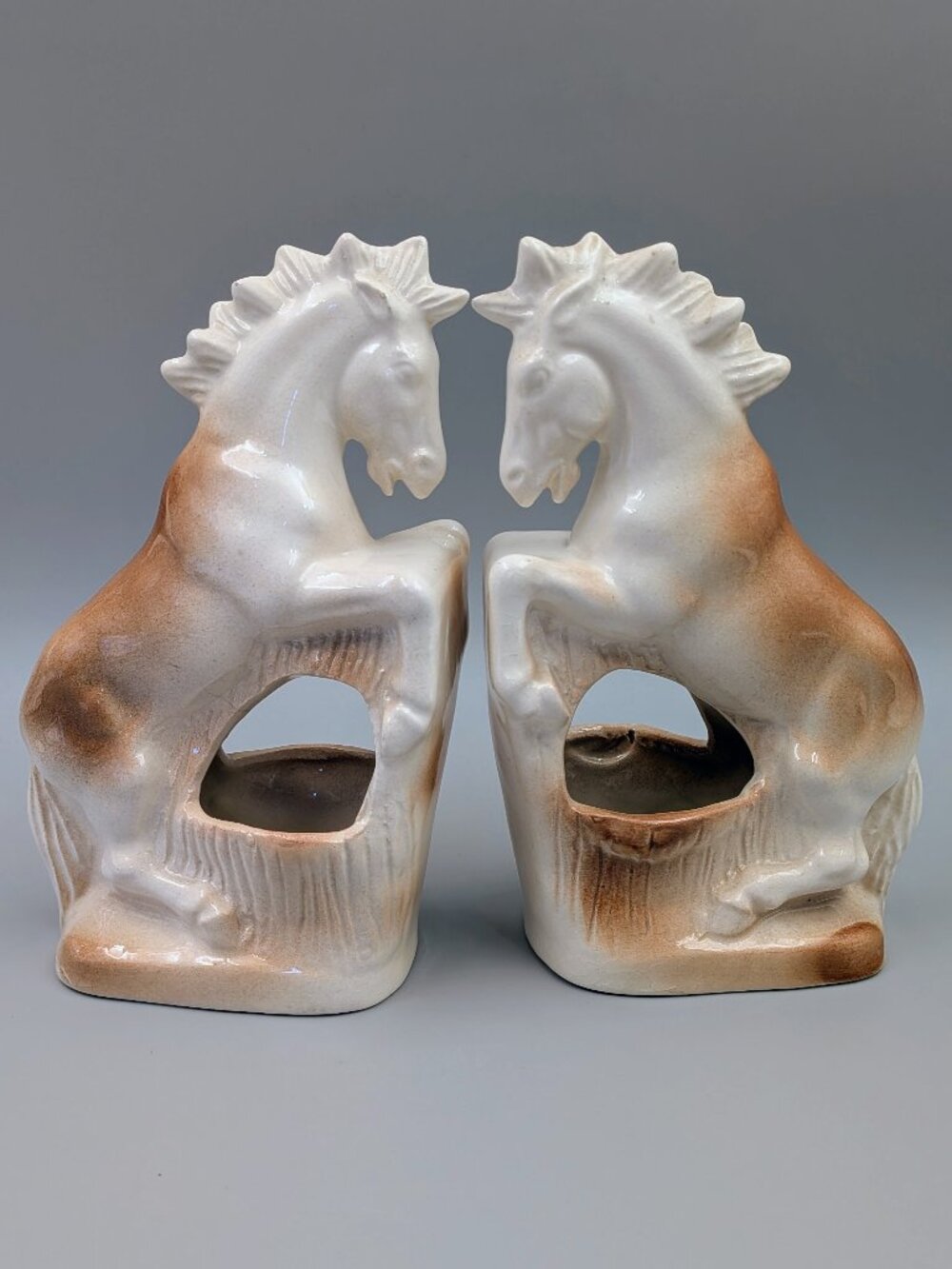 Pair of Midcentury Vintage Ceramic Rearing Horse Bookend Planters